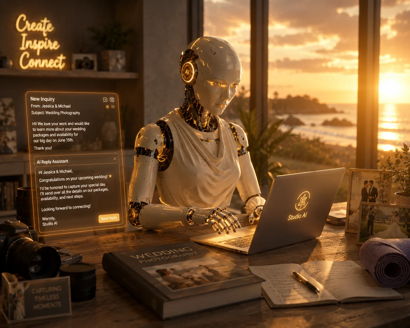 AI robot managing creative studio inquiries at sunset