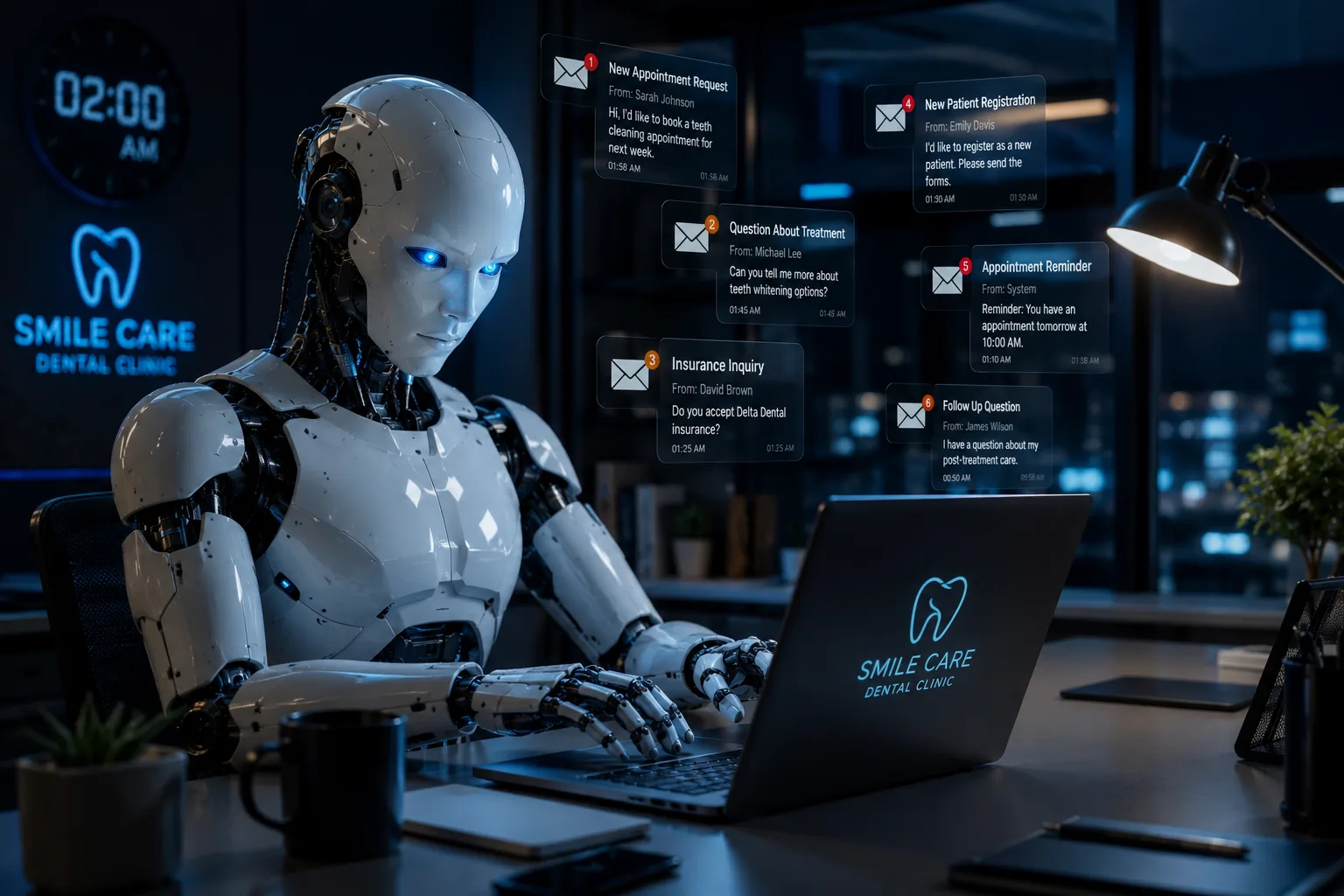 AI robot handling dental clinic emails at 2AM