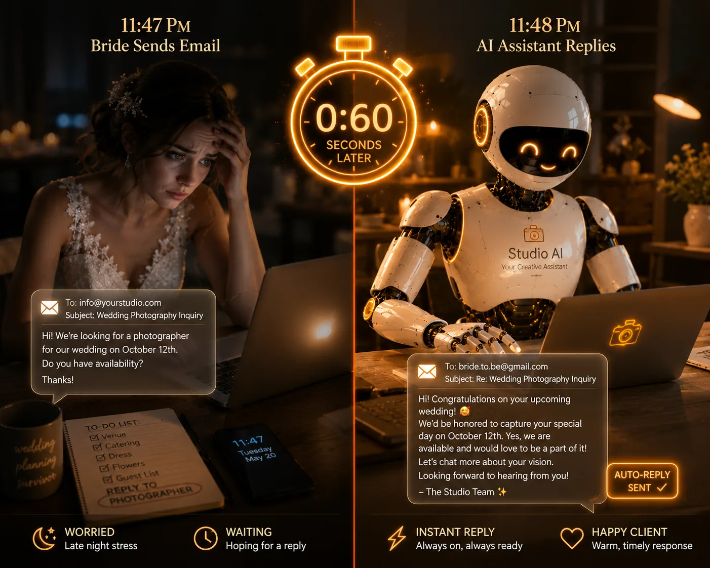 Bride sends email at 11:47 PM — AI replies at 11:48 PM