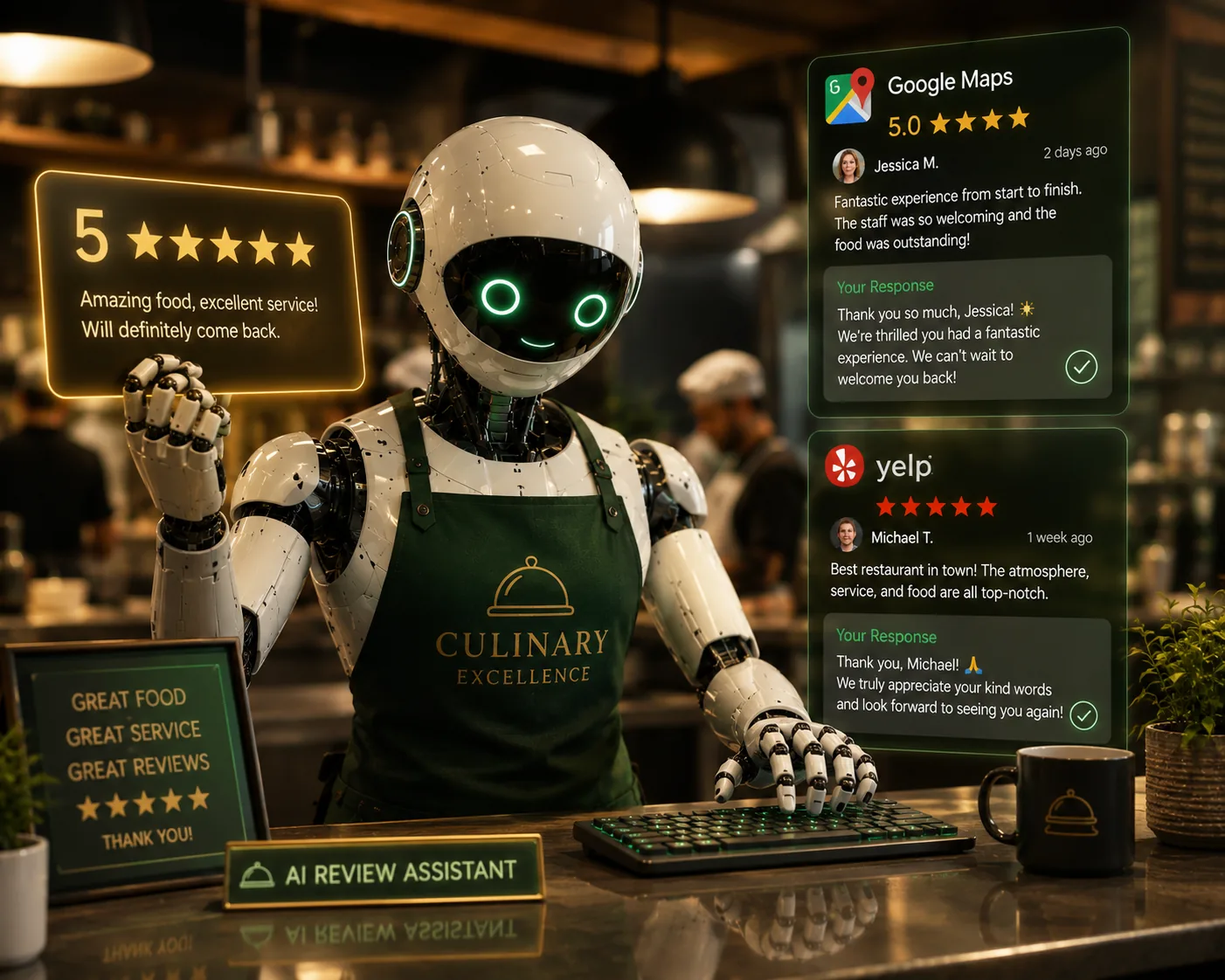 AI robot managing 5-star Google and Yelp reviews