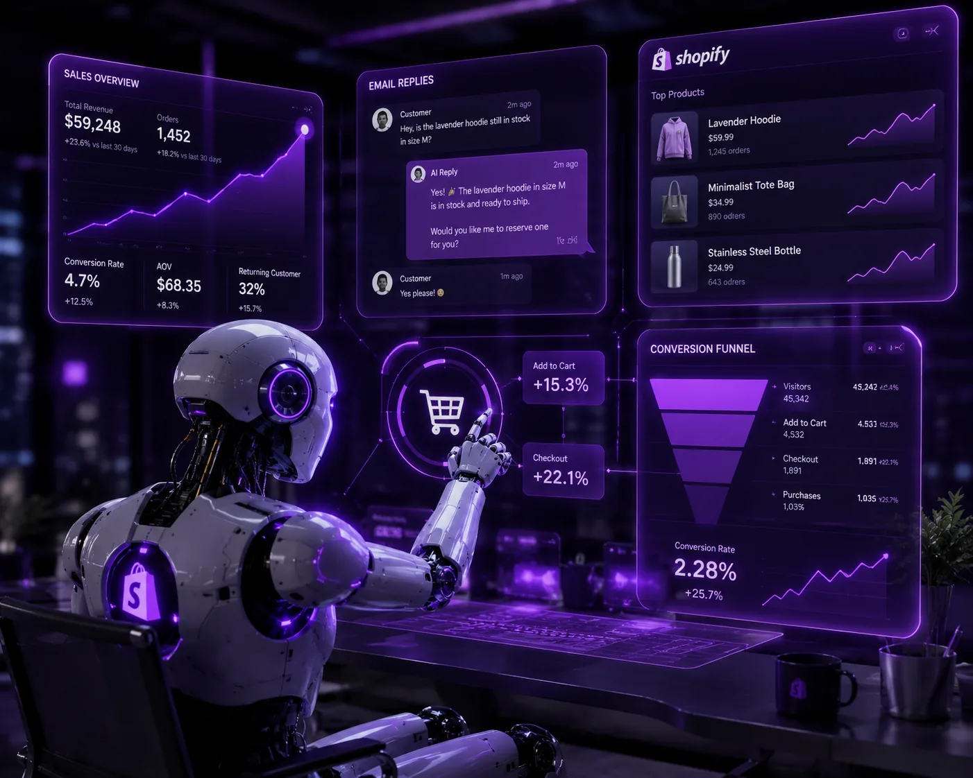 AI robot managing Shopify dashboard