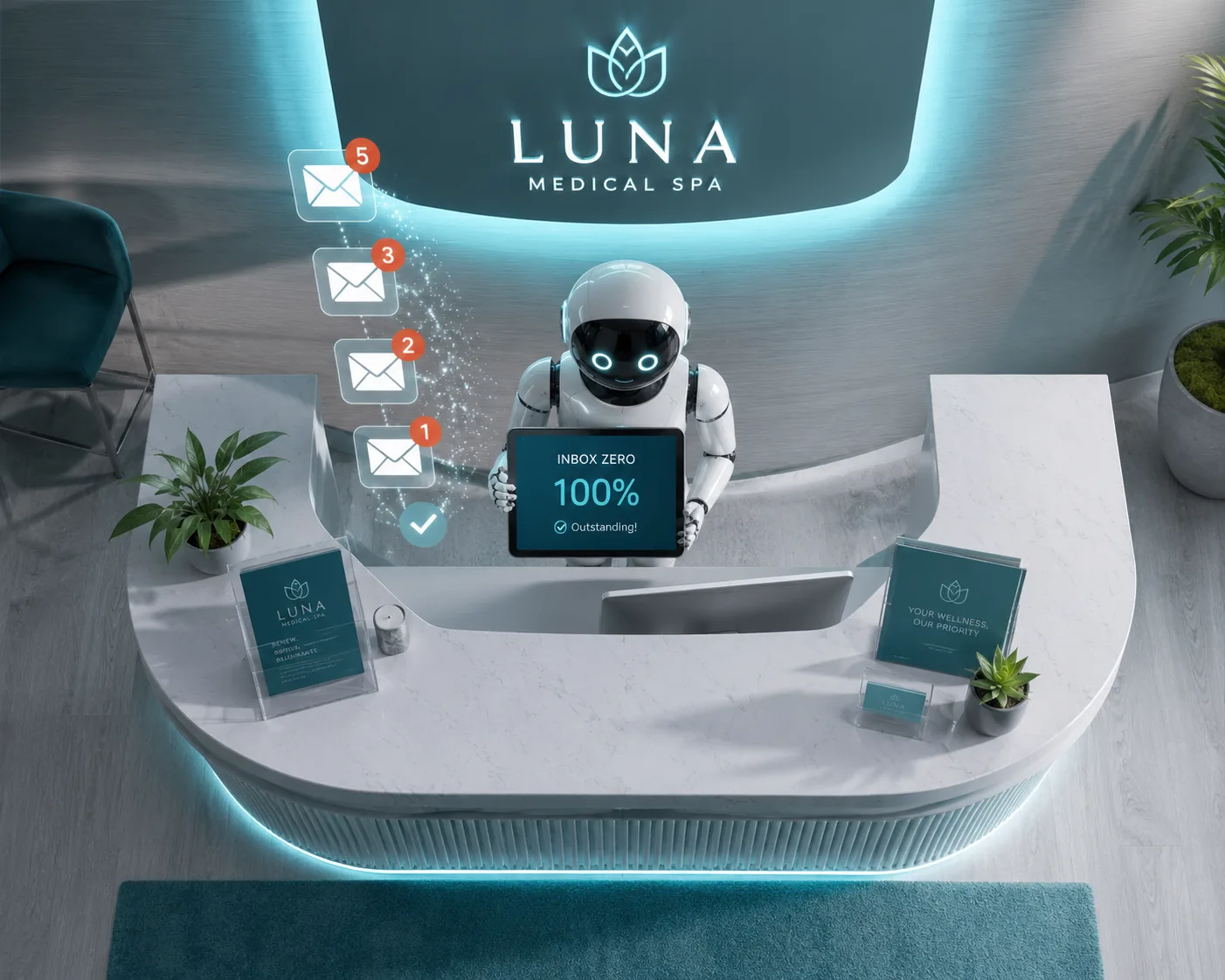 AI robot at spa reception with inbox zero