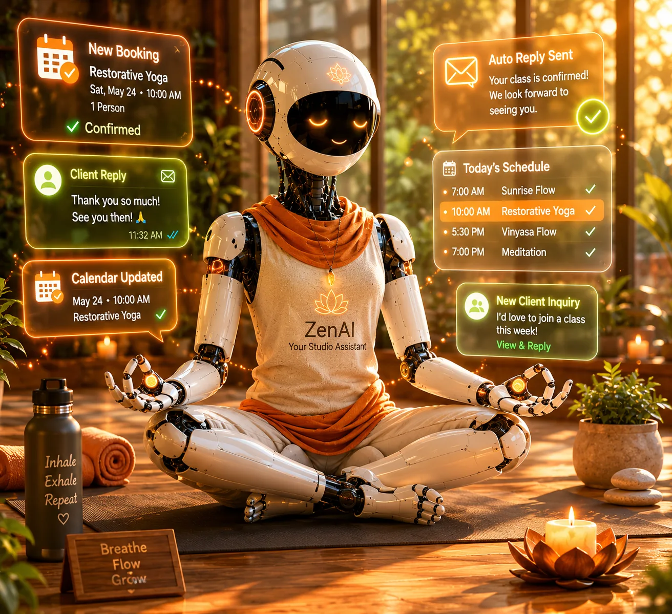 Zen AI robot managing yoga studio bookings